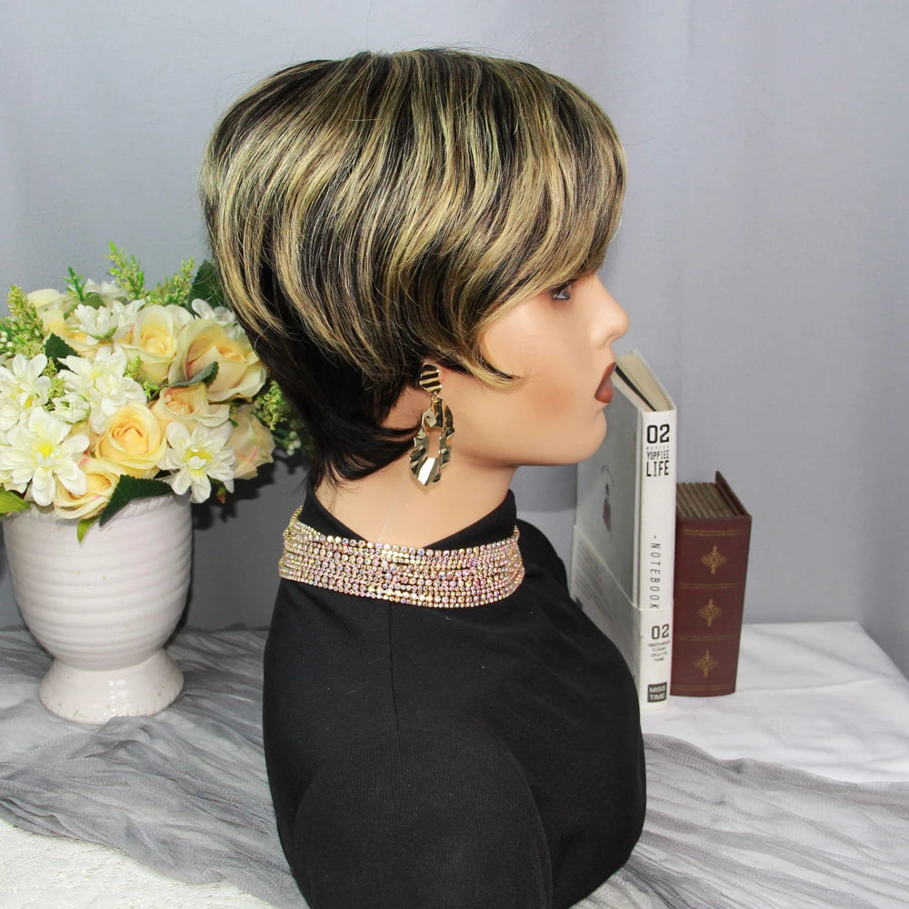 Highlight Blonde Wigs Colored Light Brown Pixie Cut Wigs Human Hair 100% Short Wigs Human Hair Full Machine Wigs Glueless Wigs Human Hair