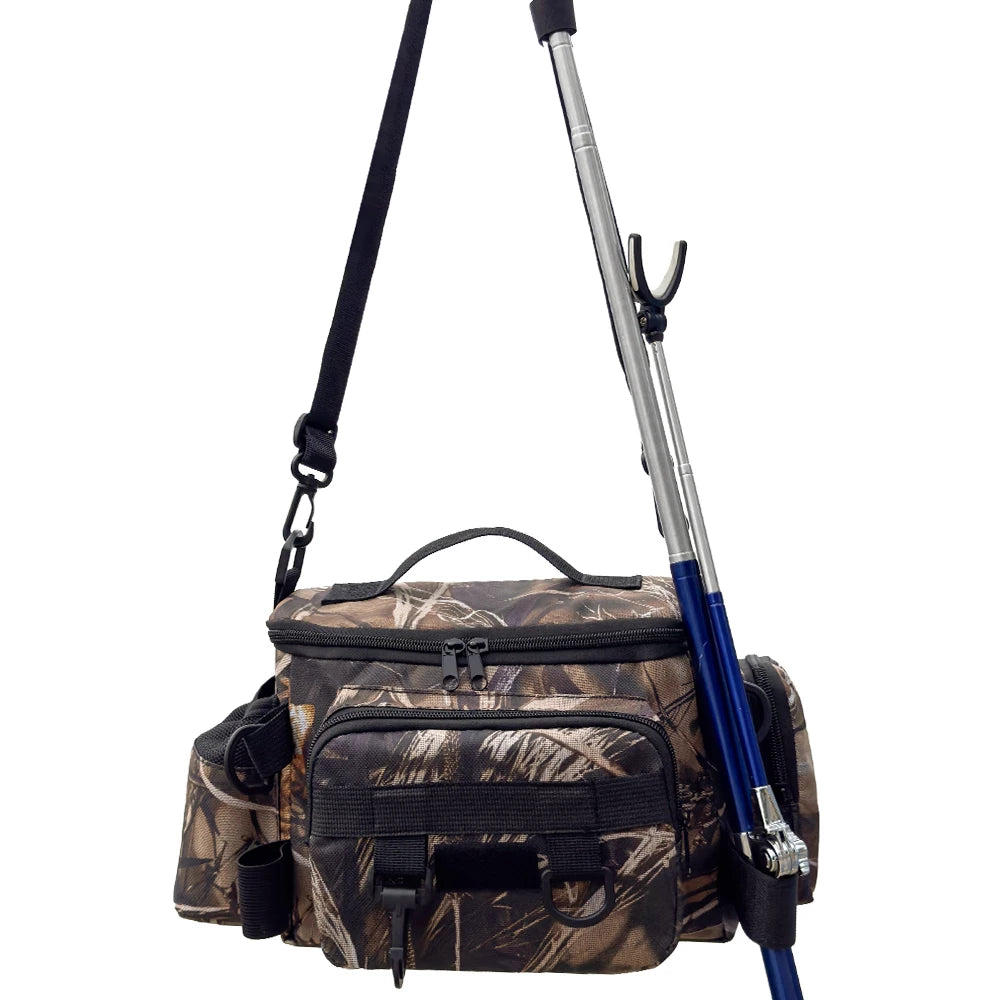 Mochila de pesca, caja de señuelos, bolsa de almacenamiento de aparejos, riñonera para hombres, mochila de pesca con mosca con soporte para caña, bolsa de hombro.
