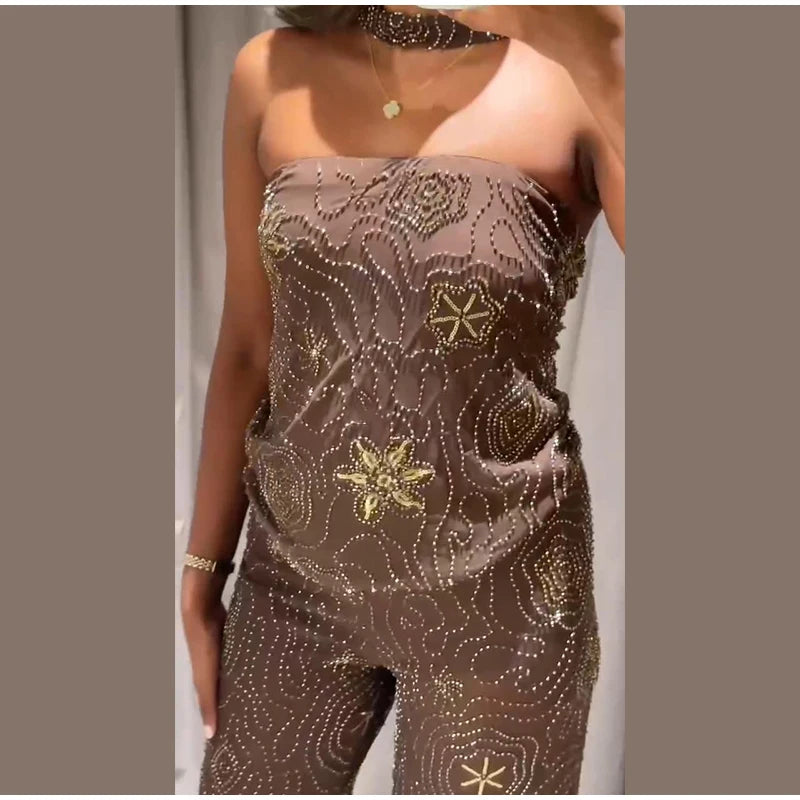 Chic Beaded Women's Top Pant Set Sexy Slim Halter Sleeveless Crop Tops See Through Elastic Waist Wide Leg Pants Summer Outfits