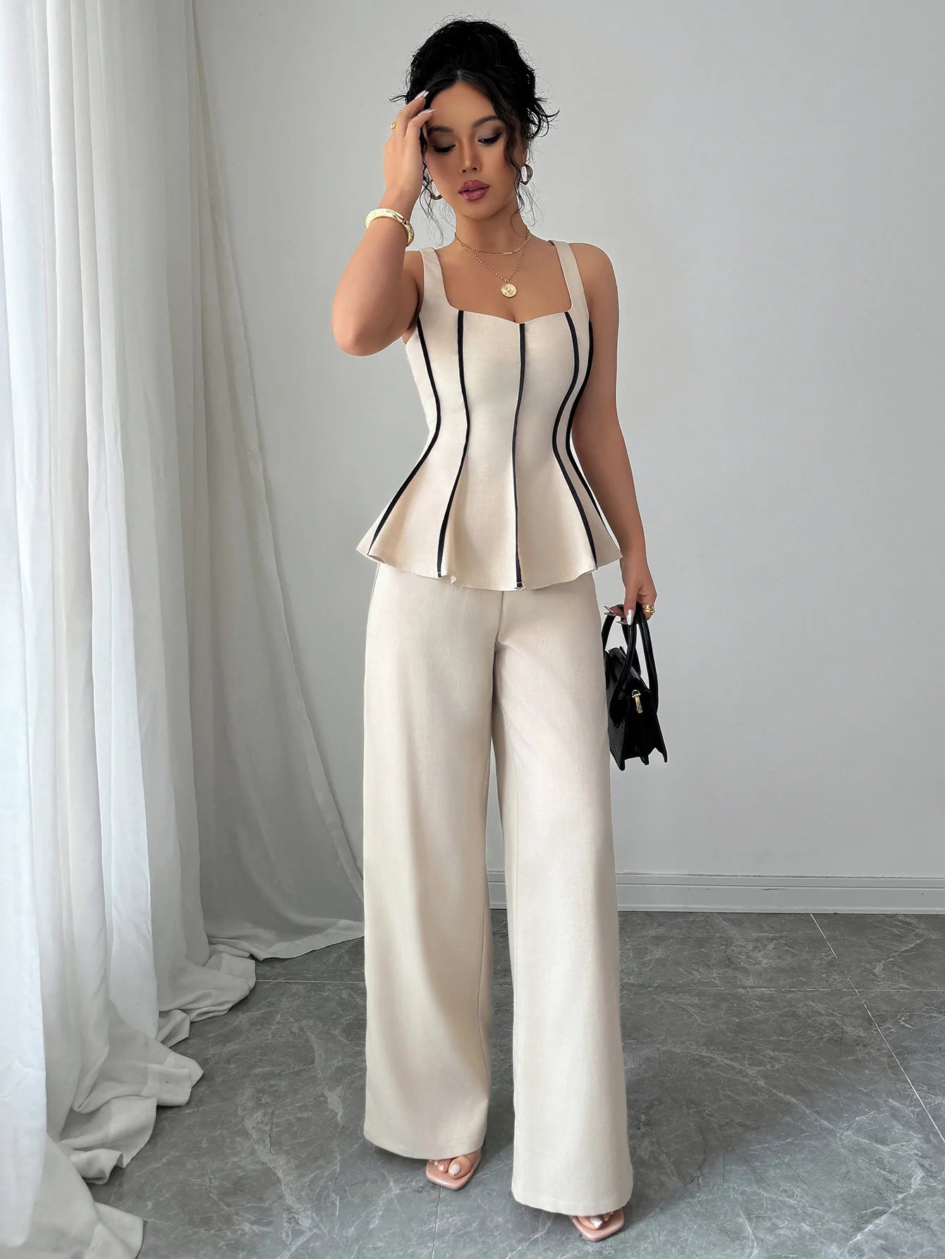 Two Piece Sets Women Pant Set Sleeveless Matching Sets Ruffles Tops Y2k Streetwear Elegant Work Wide Leg Long Pants High Waist