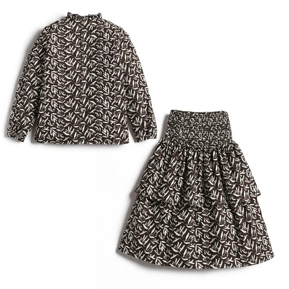 Teen Girls Skirt Top Set Brown Floral Set Cotton Fabric Autumn & Winter Clothes