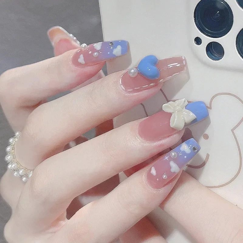 24Pcs Short Square Coffin False Nails French Glitter Wearable Fake Nails Acrylic Full Cover Women Ballet Press on Nails Tips