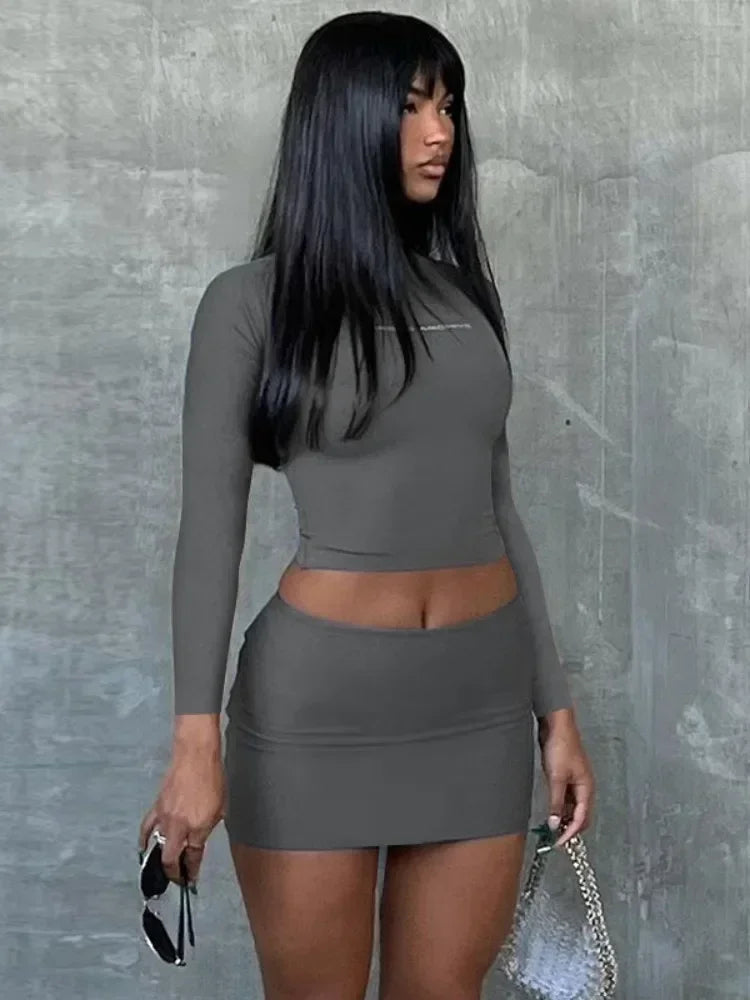 Mini Skirt Set Long Sleeve Crop Top Solid Color Two Piece Sets Womens Outfits Slim Fit Streetwear Letter Print Conjunto Femenino