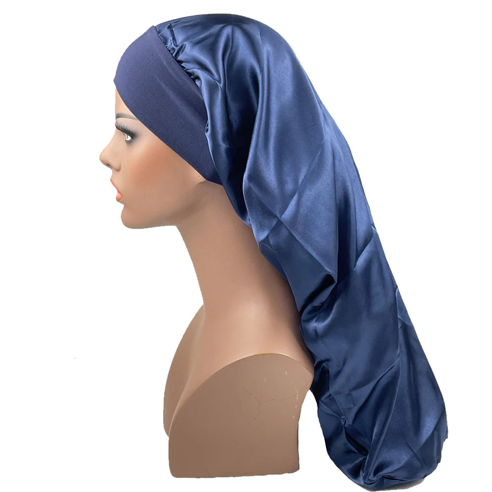 Satin Long Braid Bonnet Solid Color Sleeping Cap Bonnets for Women Wide Stretchy Band Night Cap Hats for Women