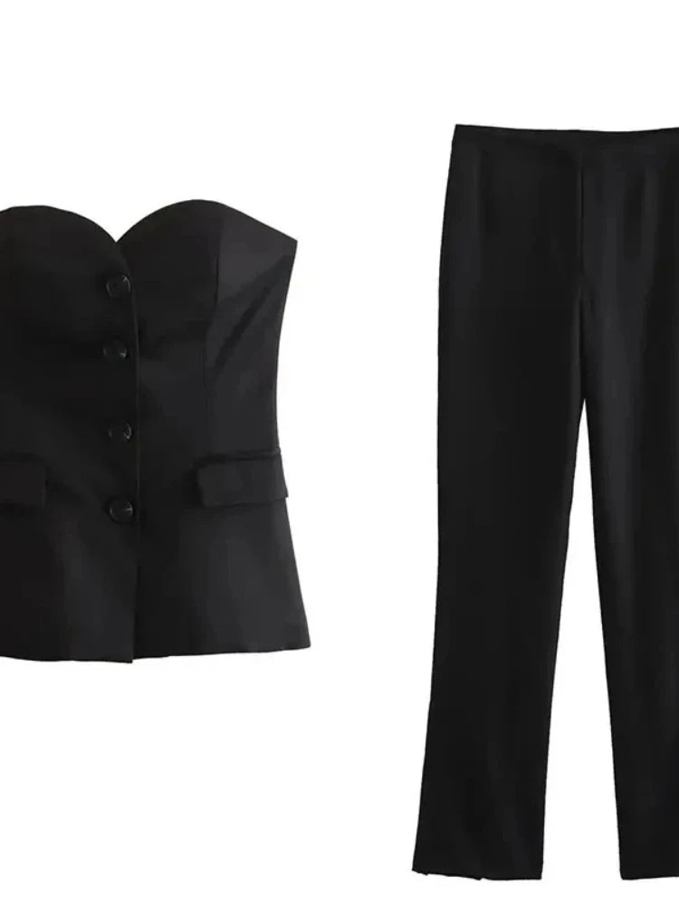 Traje de pantalón elegante sólido para mujer, tops sin tirantes sexy con botones delanteros + conjunto de pantalón con aberturas laterales, moda urbana femenina