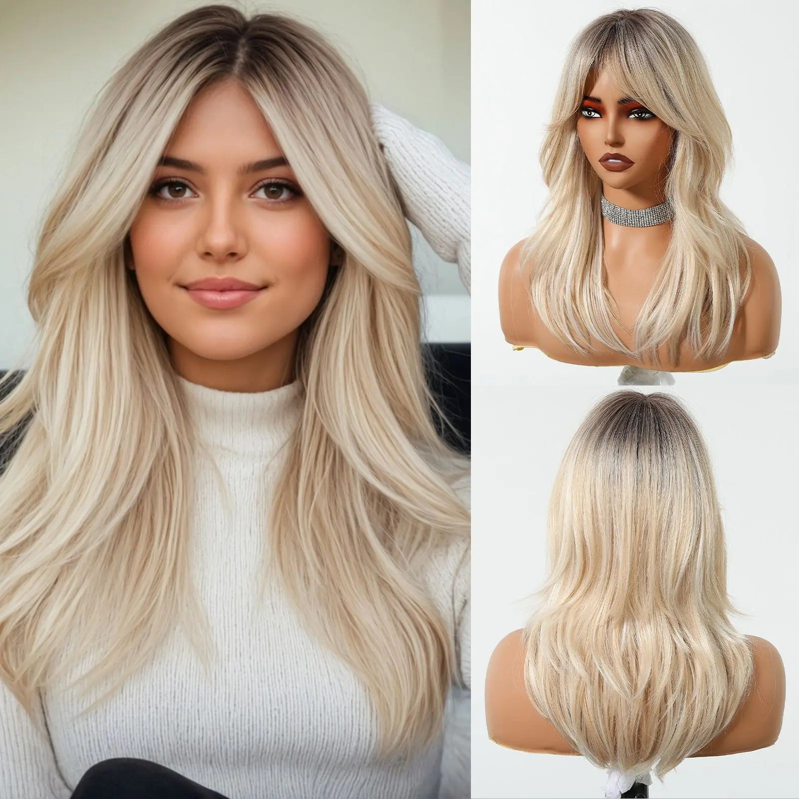 Perruques synthétiques longues et bouclées blanc platine avec frange pour femmes, perruque ondulée Afro Cosplay Lolita, cheveux naturels résistants à la chaleur, pour usage quotidien