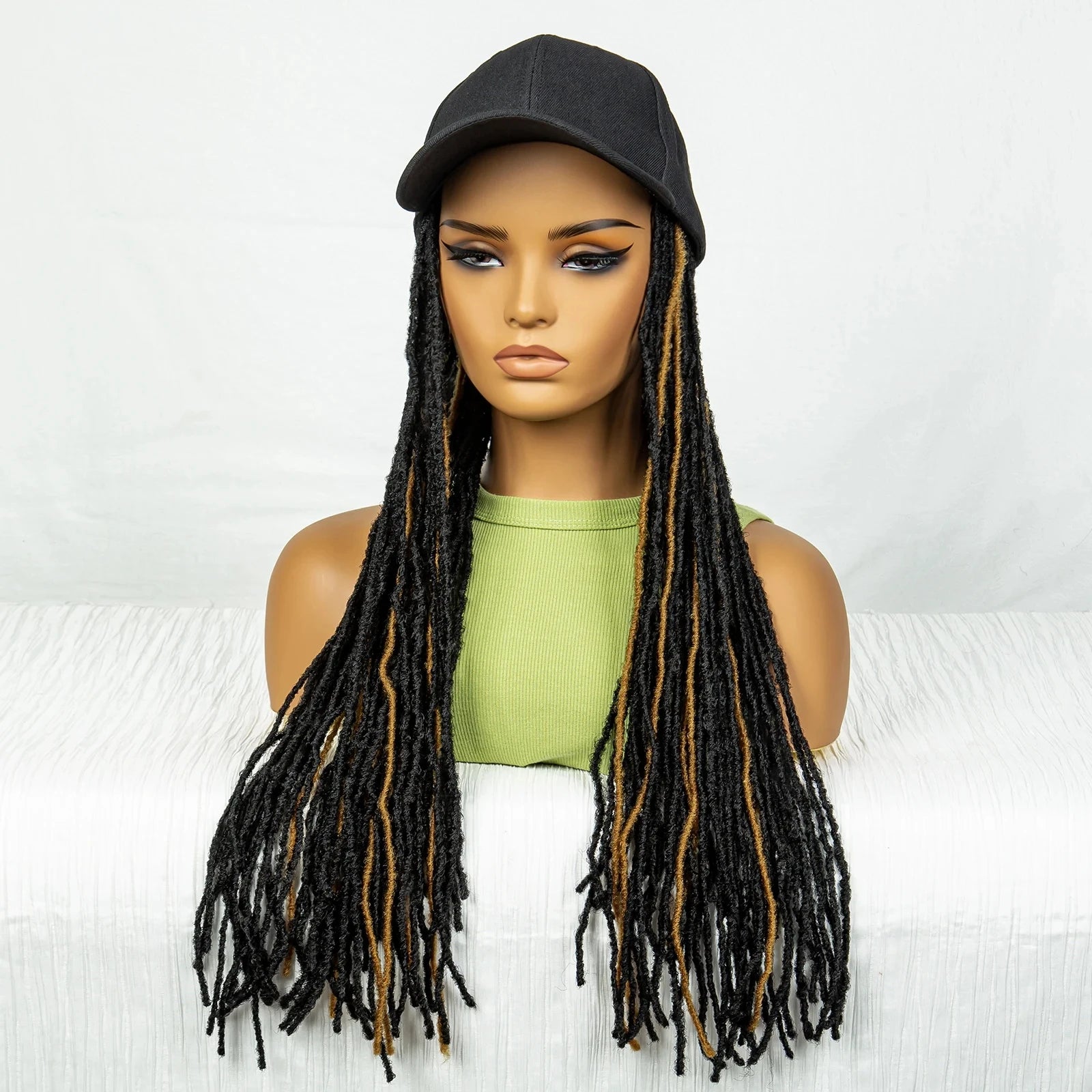 Hat Wig Baseball Cap with Hair Extensions Adjustable Hat Yellow Highlight Dreadlocks Braided Wig with 22 In Goddess Locs Crochet