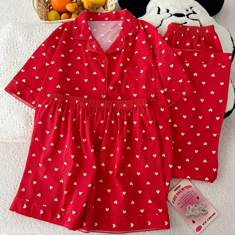 Women Pajamas Sets Short Sleeve Nightwear Top and Pants Sleepwear 3 Piece Pjs Loungewear Fashion Print Pyjamas Set Nightwear