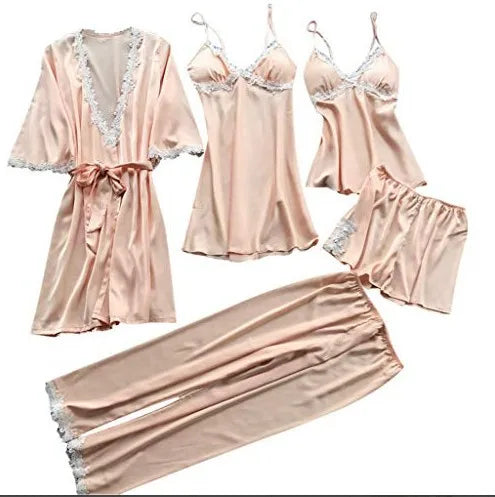 Pajamas Five Piece Set Sexy Lace Trim Nightgown Nightwear Spring Summer Women Bath Robe Loose Satin Home Wear Pijamas Suit