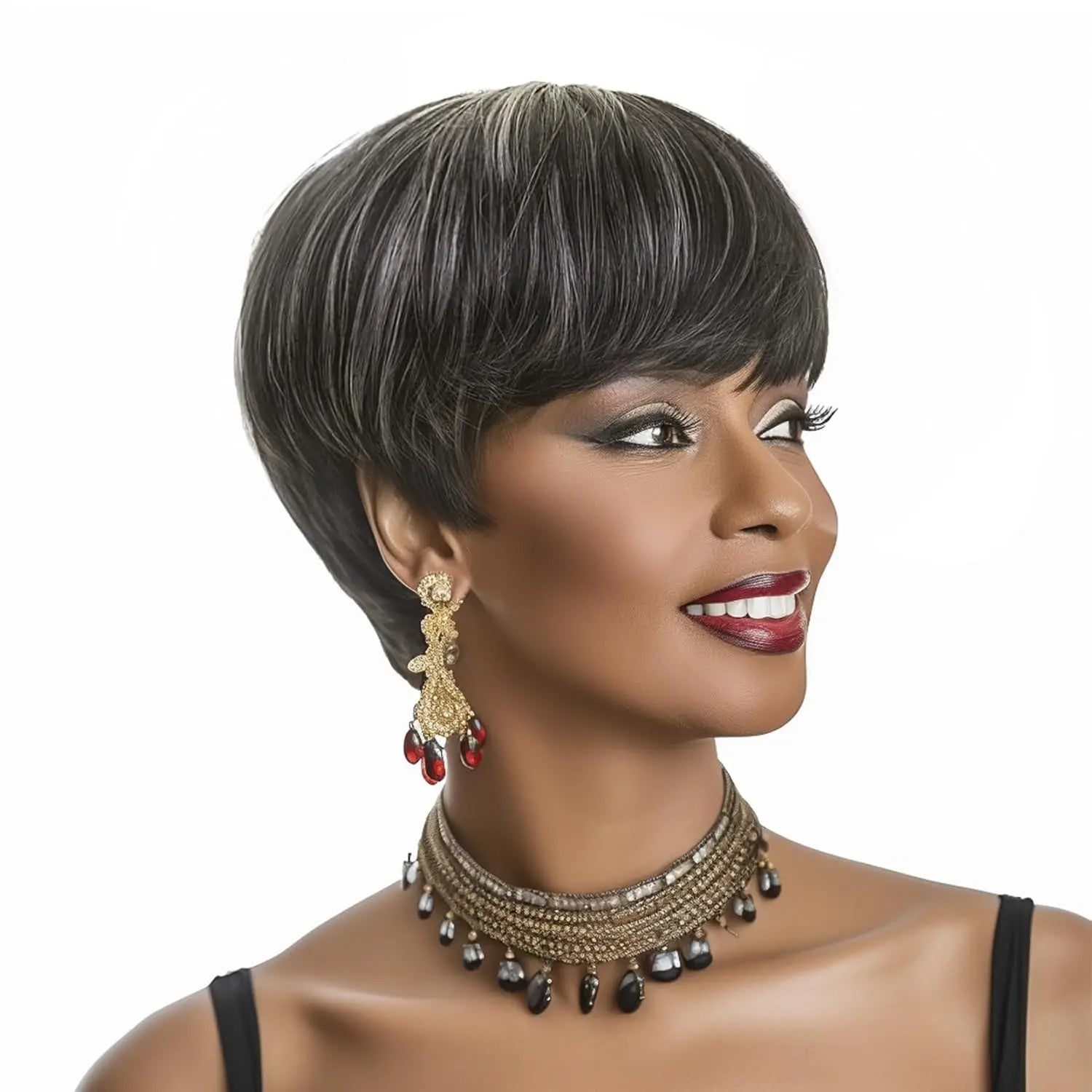 Short Ombre Grey Wig Human Hair Salt and Pepper Human Hair Wigs for Women Short Pixie Wig with Bangs Gray Machine Made Wigs