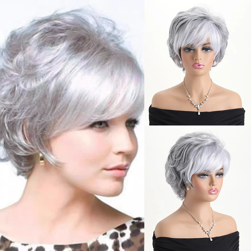Short Natural Wigs with Bangs Soft Mommy Hair Daily Use Short  Grey Ombre Curly Synthetic Hair Costume Party Wig for Women