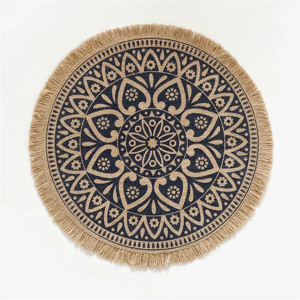 Vintage Pastoral Round Cotton Linen Placemats Handwoven Jute Tassels Placemats Soft Non-slip Table Pads Vase Mats Accessories