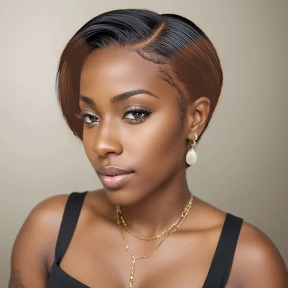 Halloween 13x4 lace short straight human hair wigs pixie cut wig daily part use  wig for women