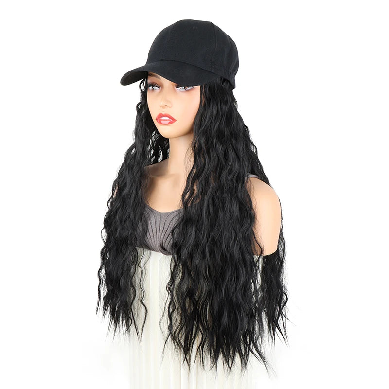 24Inch Synthetic Long Kinky Curly Hat Wig Baseball Cap Adjustable Breathable Hair Extension Wig for Women Easy to Wear