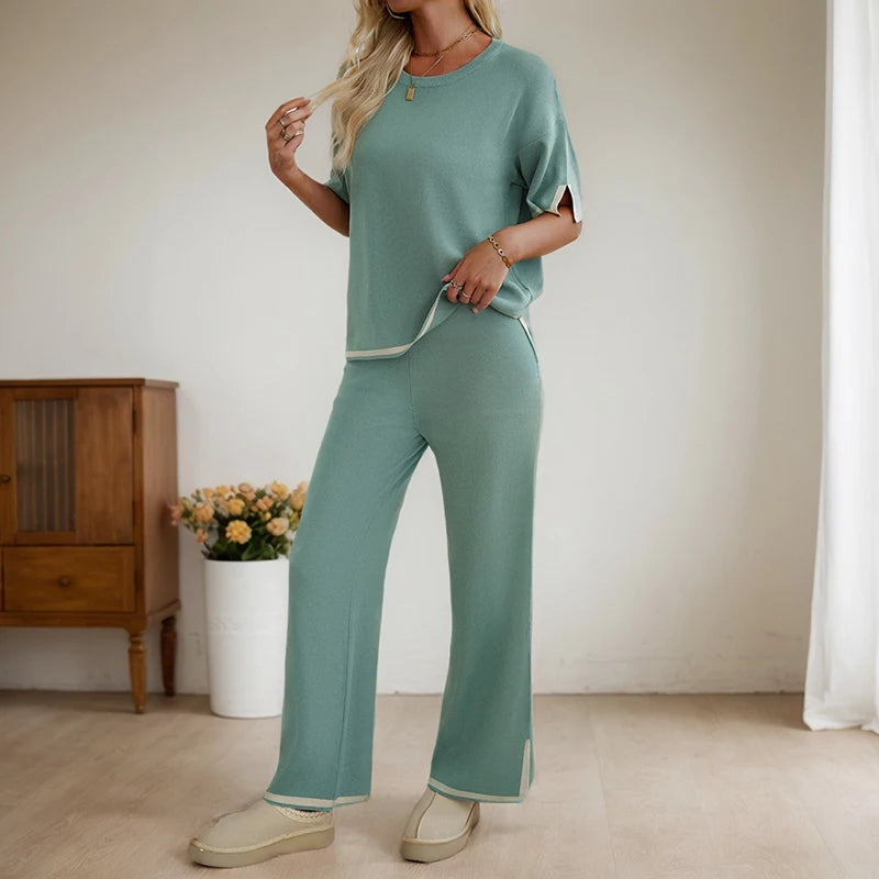 Conjunto de dos piezas de ropa de mujer, moda primavera verano, informal, cuello redondo, blusa de manga corta, pantalones de pierna ancha a juego