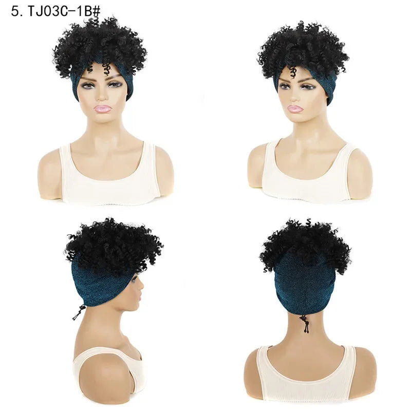 Fluffy Headband Wigs for Black Women Short Afro Kinky Curly Headwrap Wig High Temperature Natural Synthetic Headband Scarf Wig