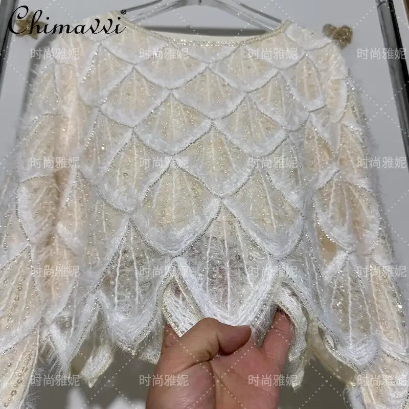 High-end Fashion Beaded Sequined Skirt Set 2025 Spring New Long-sleeved T-shirt Top High Waist Slim-fit Hip Skirt 2-piece Set