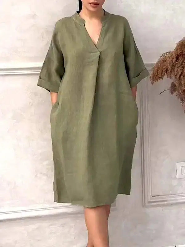 Fashion Cotton And Linen Women's V-neck Loose Dress Spring And Summer Solid Color Casual Short Sleeved Pocket Midi Dresses