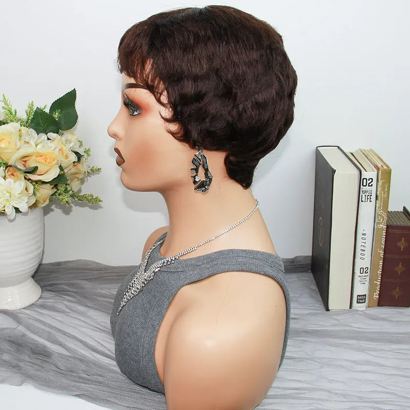 Pixie Cut Human Hair Wigs Short Wigs for Women Layered Pixie Wig With Bangs Glueless Full Machine Made Dark Brown #2 On Sale