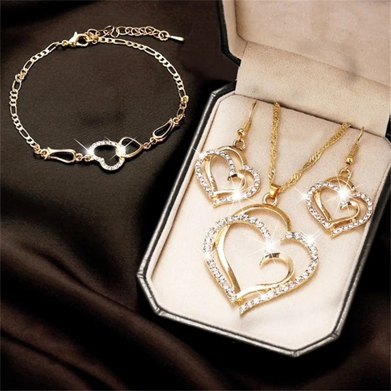 Women's Fashion Double Heart Jewelry Set Girls Delicate Necklace Earrings Bracelet Trendy Accessories Anniversary Wedding Gift