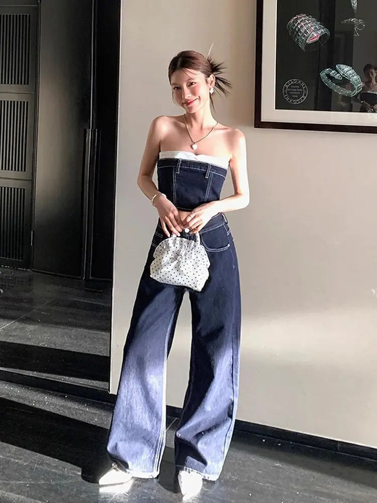 Pants Set Women's Summer Blue Contrasting Strapless Hot Girl Top High Waist Slimming Denim Pants Two-piece Set Female Clothes
