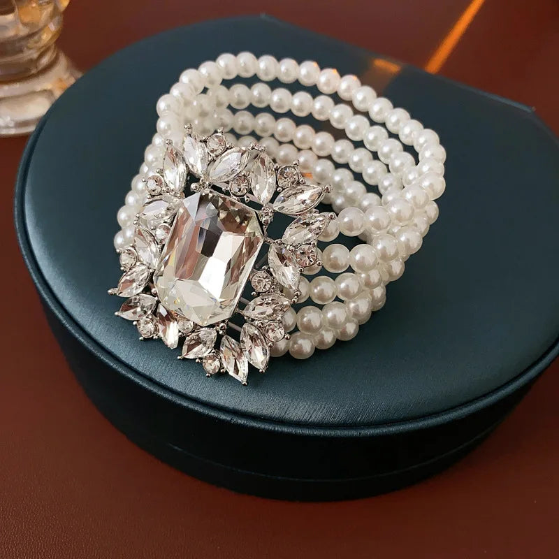 Inlaid Rhinestone Geometric Pearl Jewelry Set Women Beaded Choker Light Luxury Multi-layer Necklace Fashion High Sense Earring