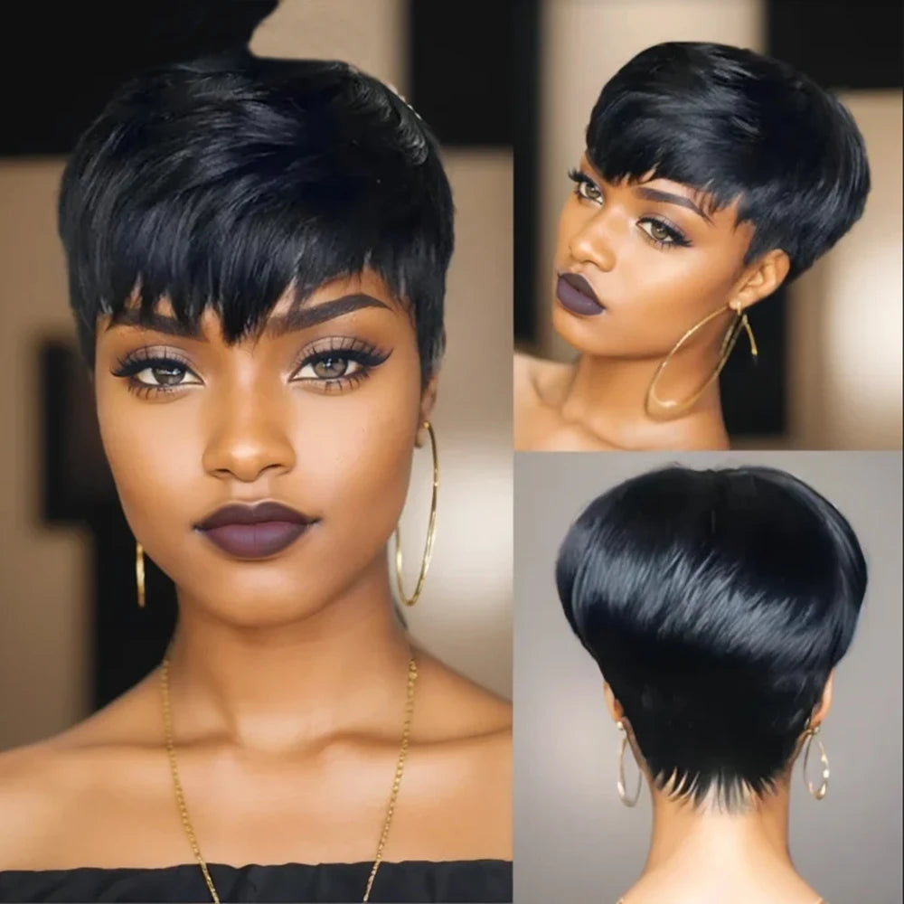Short Pixie Cut Human Hair Wig Orange 99J Short Straight Bob Human Hair Wigs For Women Natural Remy Hair Wig Machine Made