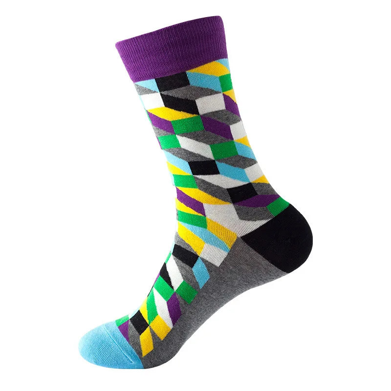 49 Patterns Fashion Business Men 100% Cotton Happy Lattice Socks Unisex Boys Combed Hip Hop Street Skateboard Funny High Sox Set