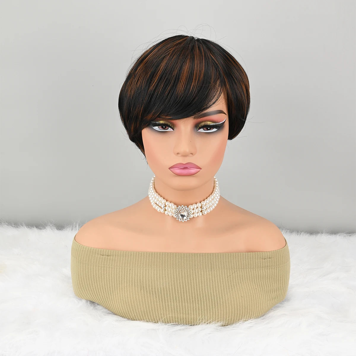 Highlight Synthetic Ombre Black Brown Short Straight Pixie Cut HairStyle Wigs With Bangs