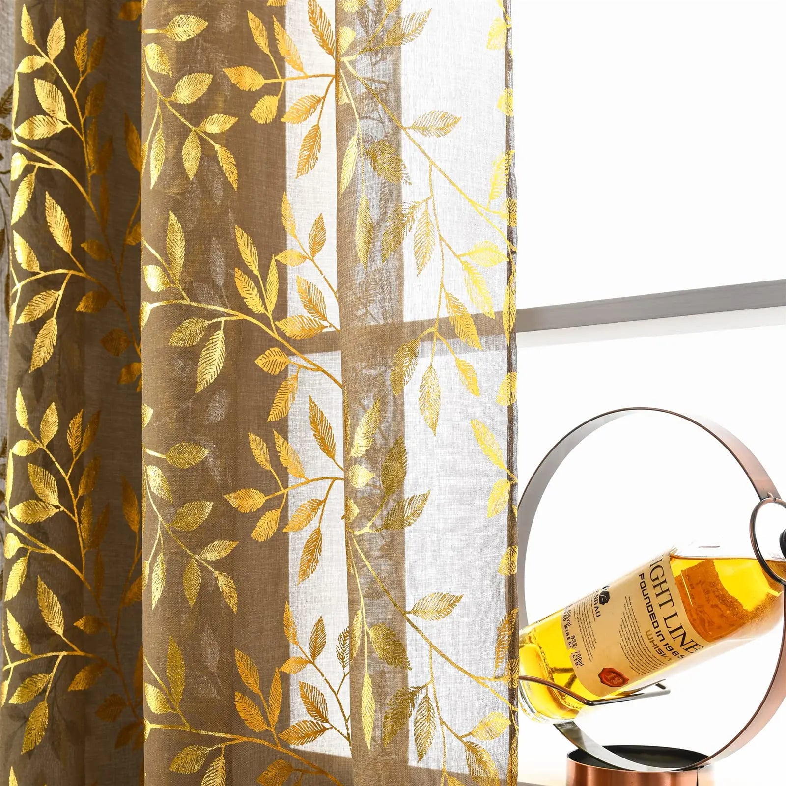 Taupe Gold Leaf Sheer Curtains (Pair)