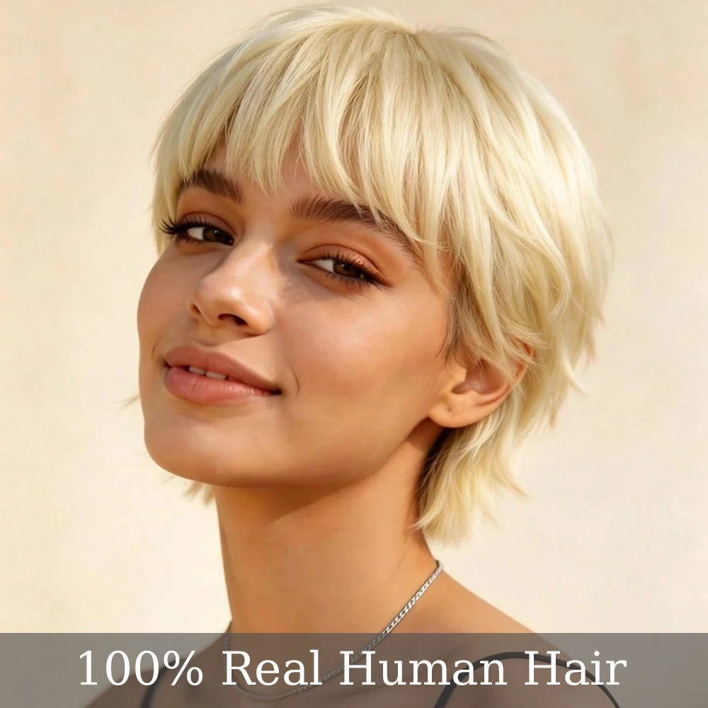 Natural 613 Platinum Blonde Short Layered Pixie Bob Human Hair Wig with Bangs, Lightweight Voluminous Layered Blonde Pixie Bob Wig with Fringe, Full Machine Made Light Yaki Style for Women Daily Wear
