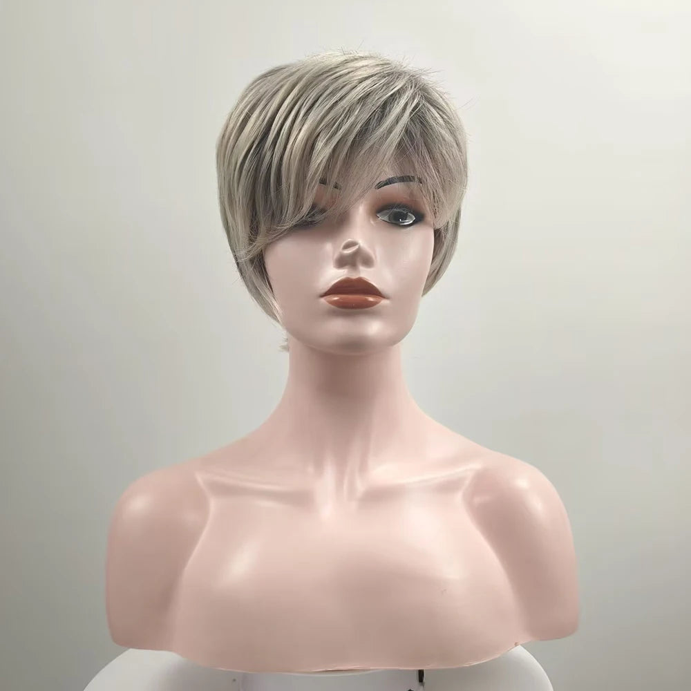 HAIRJOY Synthetic Hair Wig Short Ash Blonde Pixie Cut Wig with Dark Shadow Roots  Layered Wigs  for Women