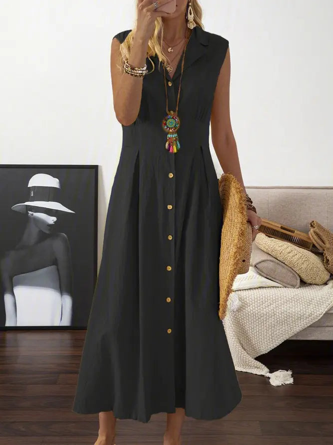 New Dresses  Woman Fashion Lapel A-line Vintage Cotton Linen Long Skirt Women's Clothing Tops