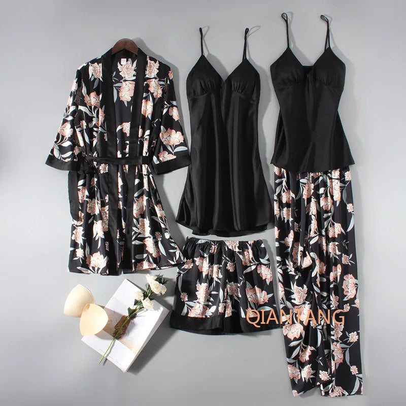 Conjunto de pijama de mujer, ropa de dormir casual, traje de bata de satén, ropa de noche para estar en casa, cuello en V, pijama suave, albornoz kimono, camisón lencería