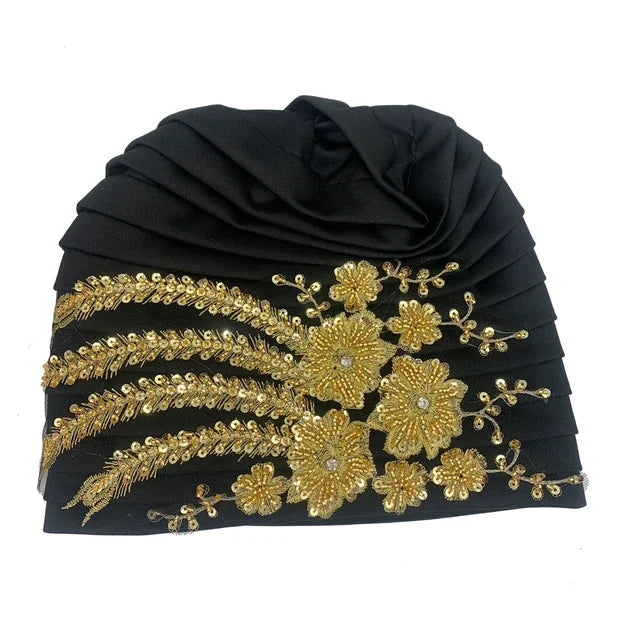 Gorro turbante plisado bordado de lujo con cuentas para mujer, gorro turbante africano para mujer, turbante musulmán, envolturas para la cabeza de mujer