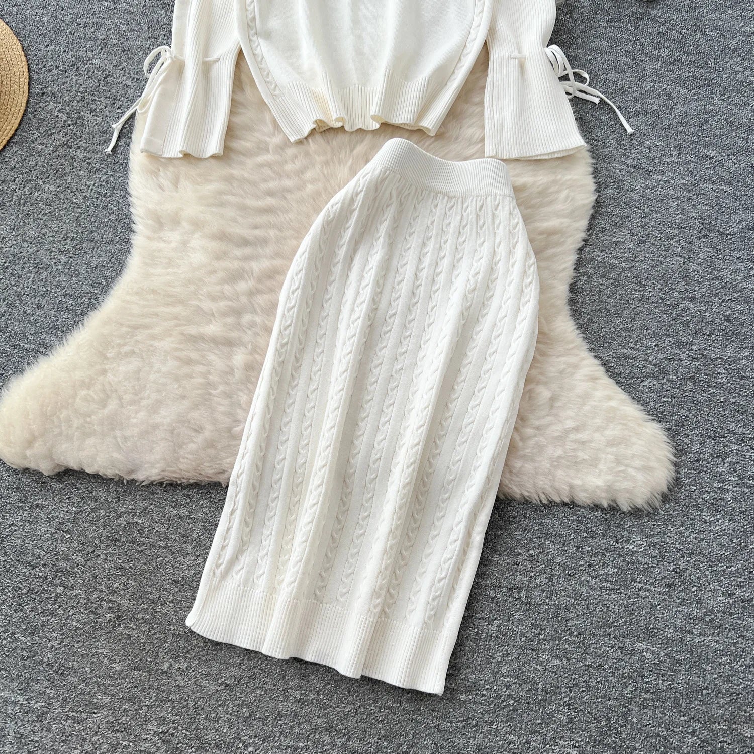 Two Piece Sets Women Skirt Set Turtleneck Knitted Full Sleeve Tops Mid Length Skirts Wrap Hip High Waist Y2k Streetwear Elegant