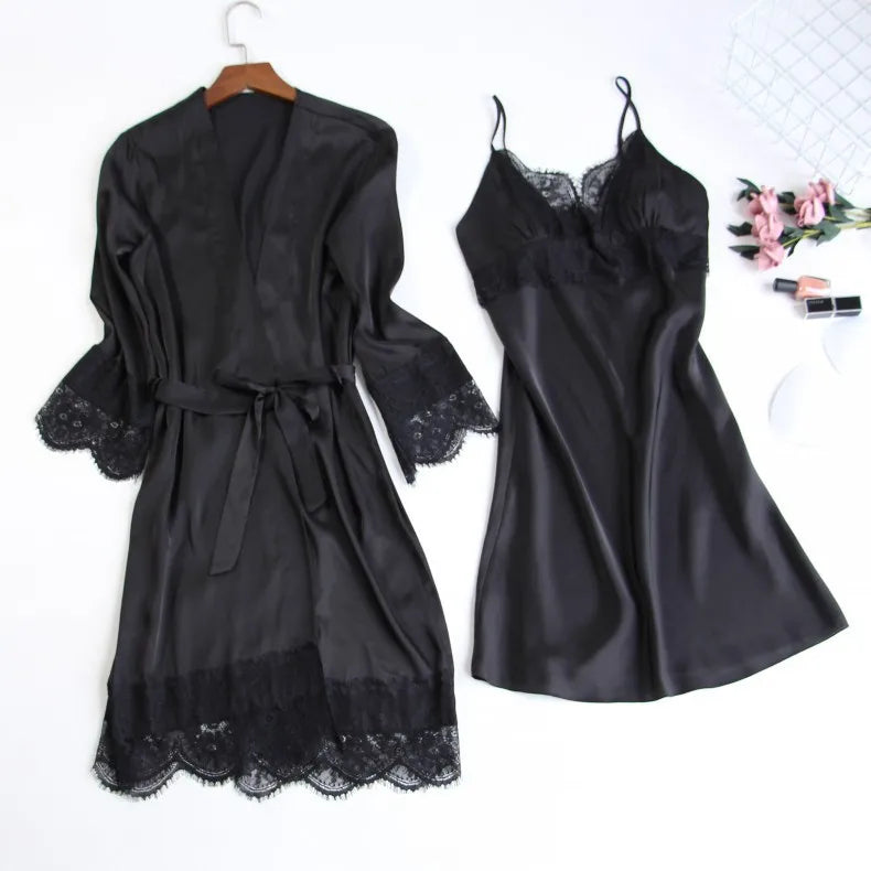 Pijama de cinco piezas para mujer, ropa de dormir para primavera y verano, camisón, bata de baño sexy de encaje, bata de satén de seda suelta para el hogar, ropa de estar en casa