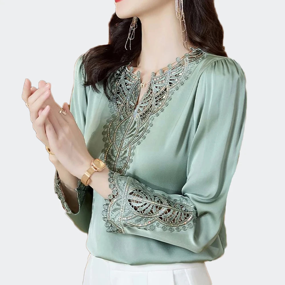 Fashion Women Silk Blouses Spring Autumn Long Sleeve Embroidery Shirts Elegant Office Lady Retro Design Tops Clothing
