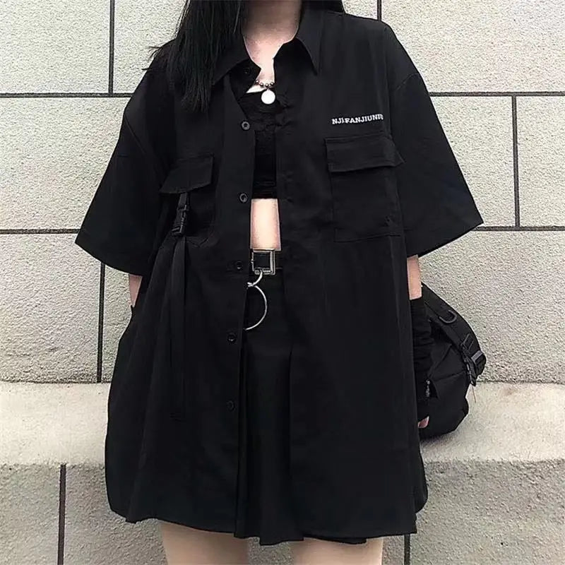 Gothic Skirt Set Long Sleeve Shirt Pleated Skirt 2 Piece Sets Women's Dark Clothes Korean Retro Casual Outfit Fashion Y2k Suit