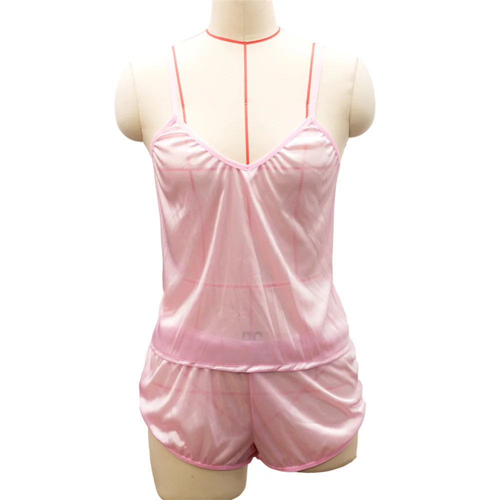 Sexy Women'S Pajamas Satin Lace Silk Suspender V-Neck Tops Shorts Robe Pajamas Set Nightgown Underwear Nightdress Suit