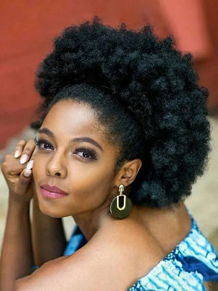 Synthetic 10Inch Big Afro Puff Drawstring Ponytail Extensions for Black Women 4b Kinky Curly Hair Bun Ponytail Wigs Daily Use