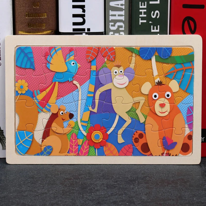 New 24 Pieces Wooden Puzzles Kids Cartoon Animal Wood Jigsaw Early Educational Learning Toys for Children GIFT