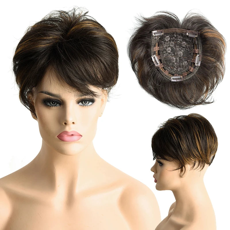Synthetic Hair Topper Pieces for Thinning Hair Natural Curly Texture 6 Inch Short Pixie Cut Toppers Hair Wigs for Women