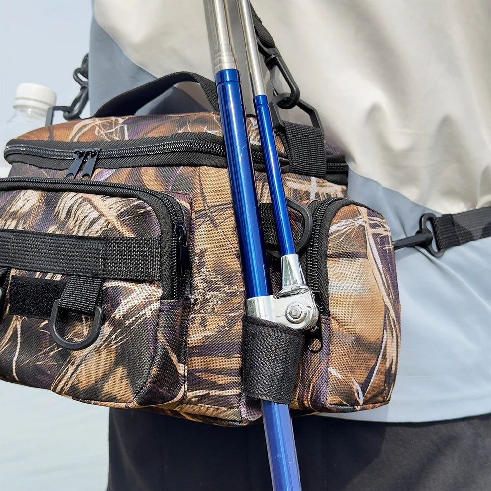 Mochila de pesca, caja de señuelos, bolsa de almacenamiento de aparejos, riñonera para hombres, mochila de pesca con mosca con soporte para caña, bolsa de hombro.