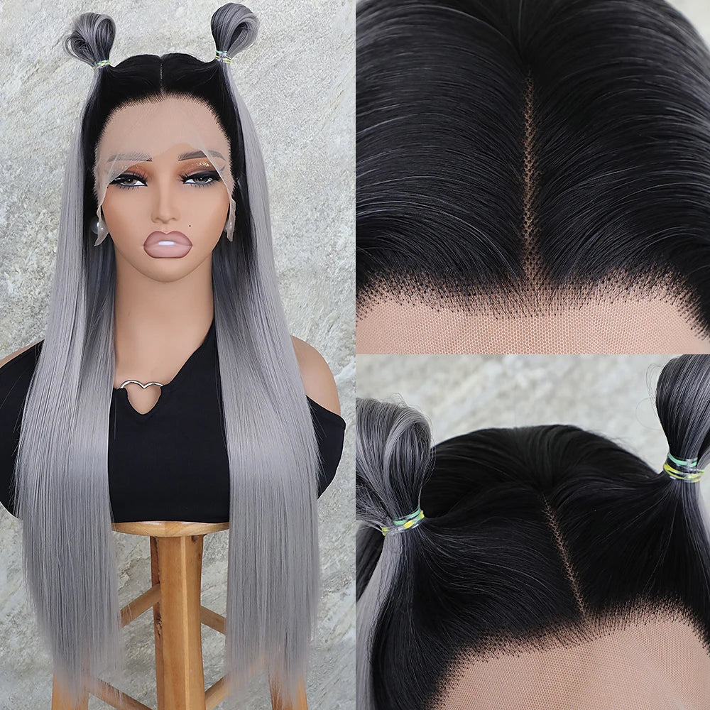 Dark Roots Gray Color Lace Front Wig 13x4 Free Part Long Straight Hair Synthetic Wigs Ombre Grey Pre Plucked Hairline Heat Safe