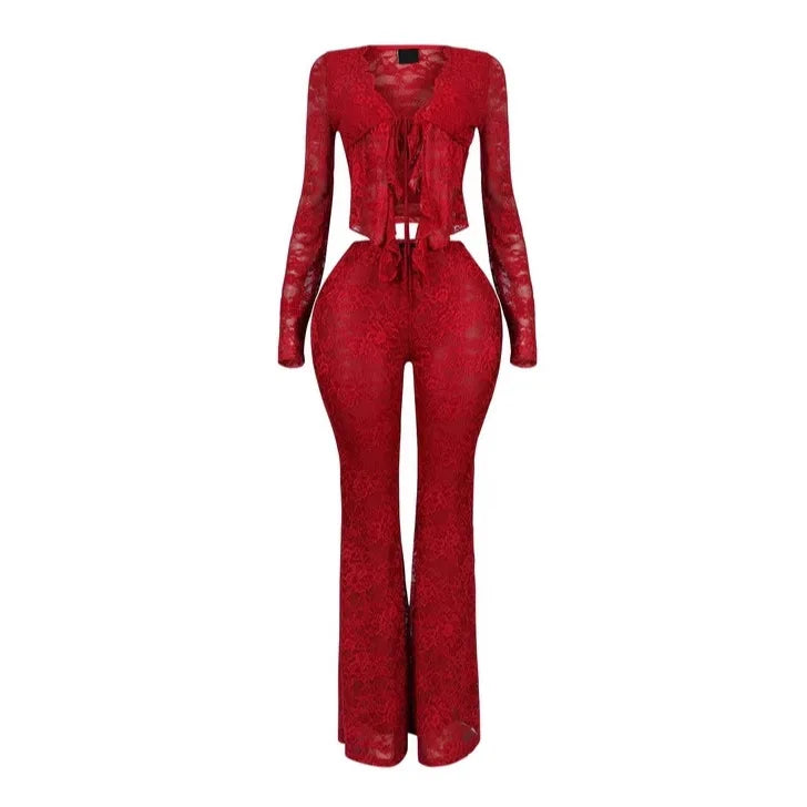 Pant Sets Women Two Pieces Cardigan Lace Sexy Tops Tracksuit Full Wide Leg Pants Loose Fit Casual Spliced High Waist Solid