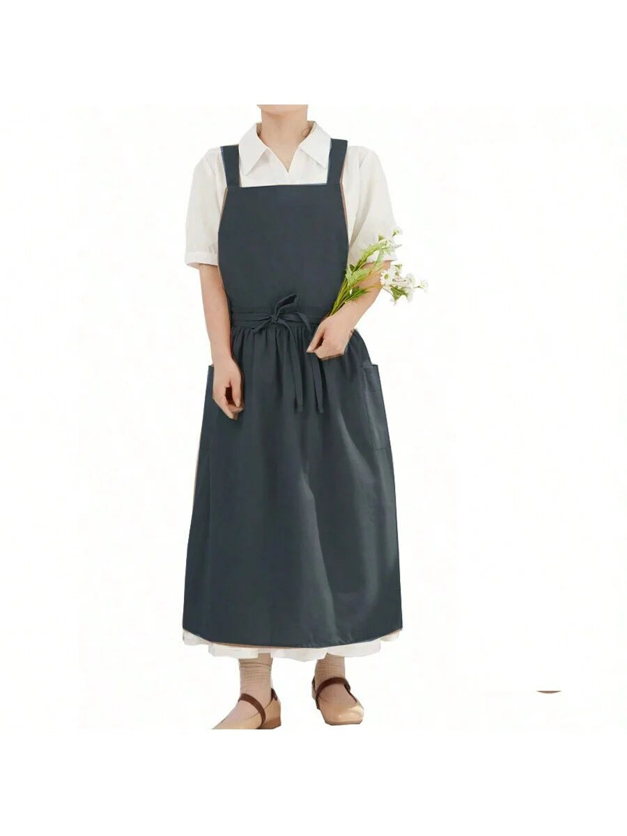 Waterproof Women Girls Vintage Apron Adjustable Gardening Works Cross Back Cotton/Linen Blend Aprons Pinafore Dress