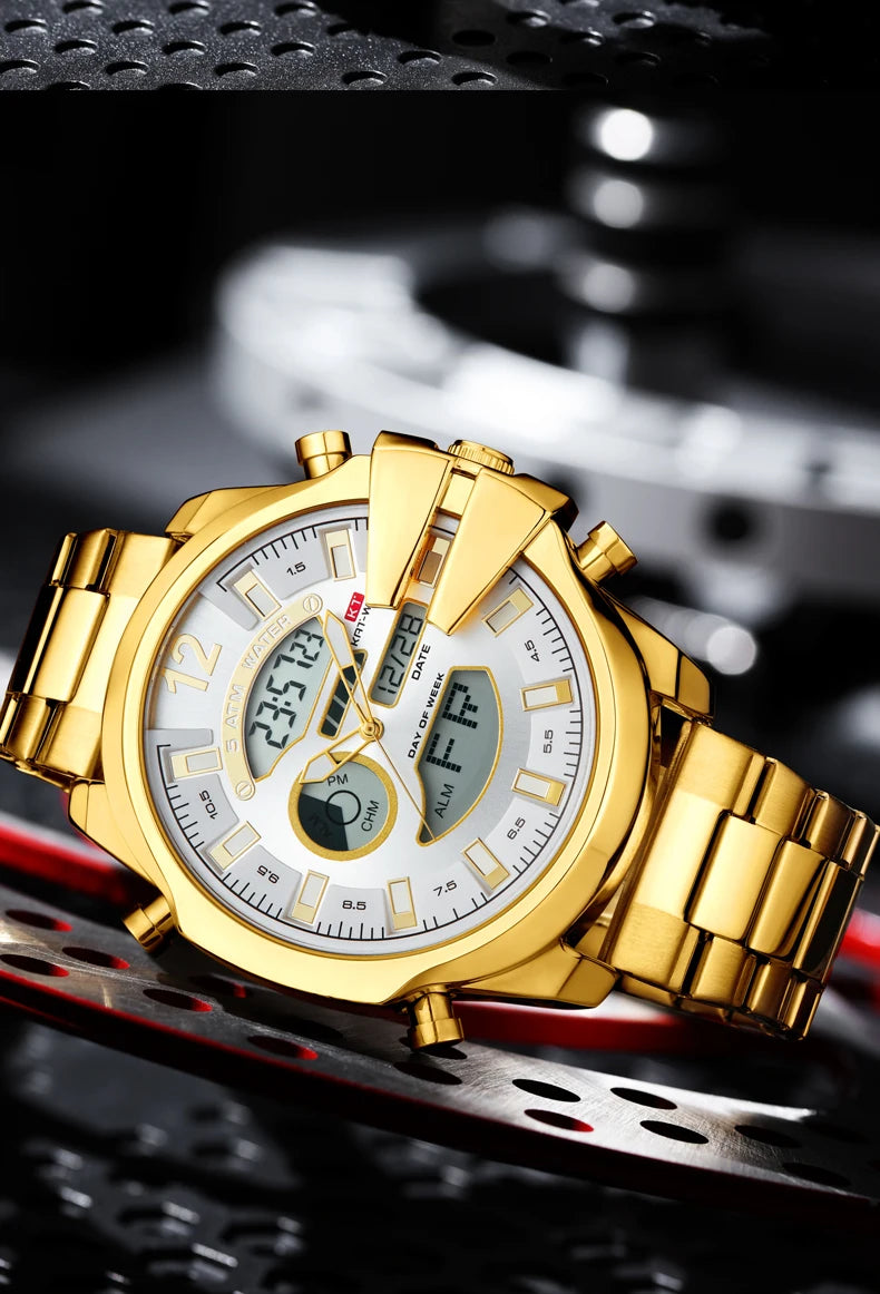 KAT-WACH Men Big Dial Wrist Watches Gold Top Brand Luxury Male Clock 2024 Gold Black Quartz Dual Display Chronograph Dropship