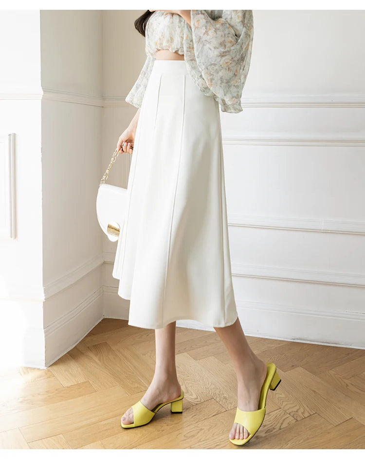 Women's Skirt Spring Women High Waist Solid Vintage Girl's Waist Down Skirt Knee-length A-line Fashion Thin Skirt for Women