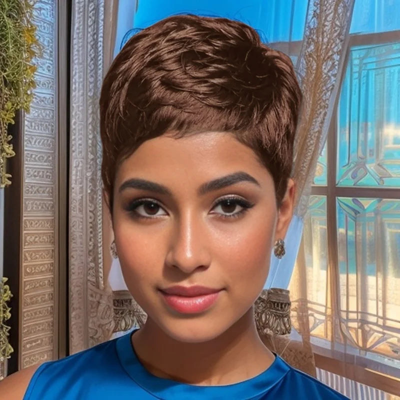 Short Pixie Cut Human Hair Full Machine Made Wig for Women 150% Density